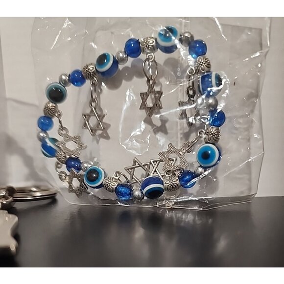 set from Israel JEWISH Evil Eye Star of David Hamsa Bracelet + keychain judaica - Picture 2 of 5
